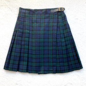 Vintage 90s RAFFERTY Tartan Plaid Pleated Wrap Skirt Green Blue Size 7 USA Made